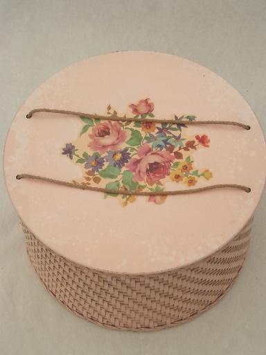 pink flowered sewing basket, vintage round wicker sewing box w/ decals