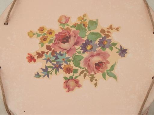 pink flowered sewing basket, vintage round wicker sewing box w/ decals