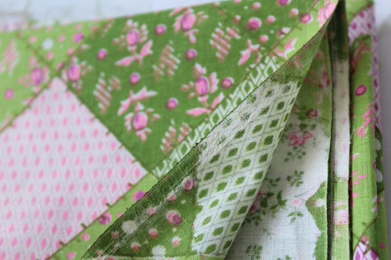 pink & green patchwork print quilt fabric, 70s vintage cotton blend material