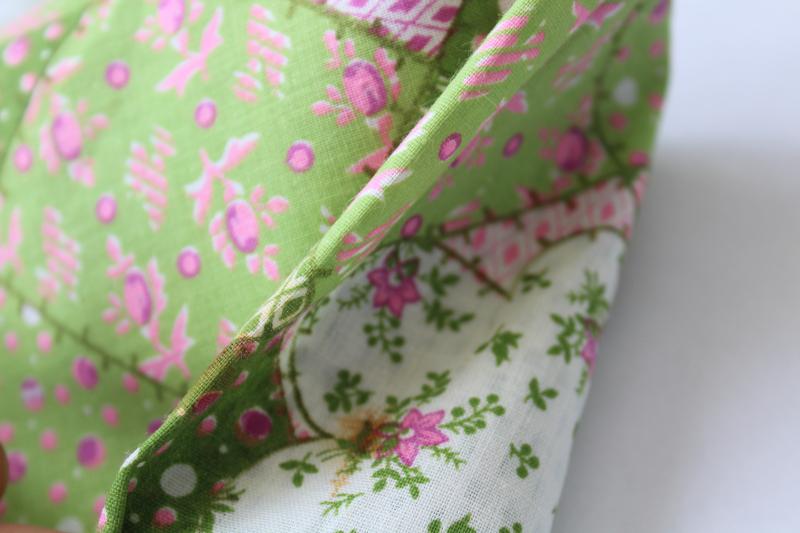 pink & green patchwork print quilt fabric, 70s vintage cotton blend material