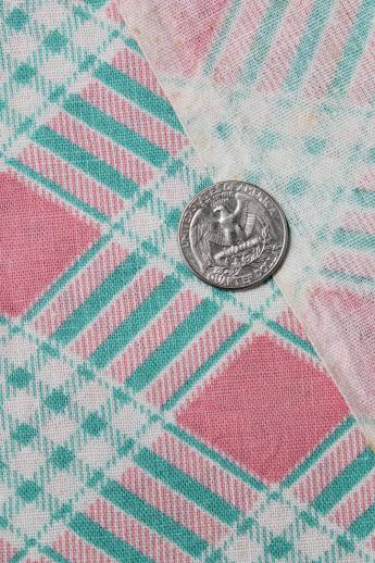 pink plaid print cotton feed sack, authentic vintage fabric for quilting etc.