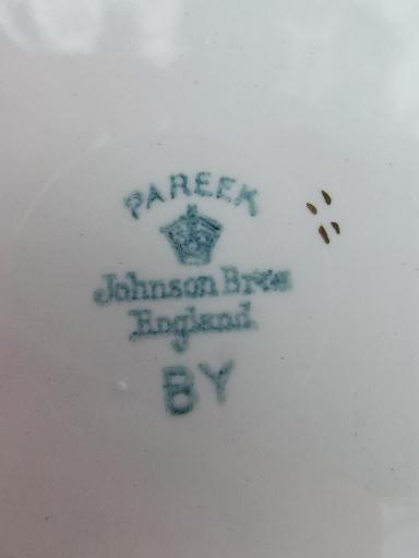 pink rose border Pareek china soup bowls, antique Johnson Bros - England