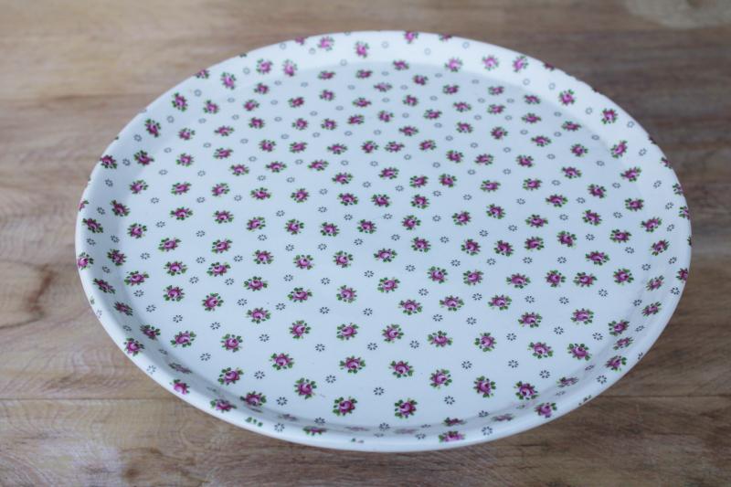 pink rosebud chintz china cake stand, vintage pedestal plate made in France