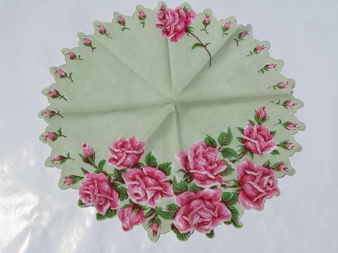 pink roses on jadite green, large vintage hanky, round handkerchief