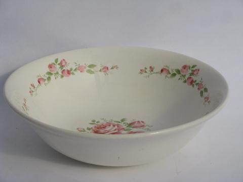 pink roses stencil pattern serving bowl, 1940s - 50s vintage USA pottery