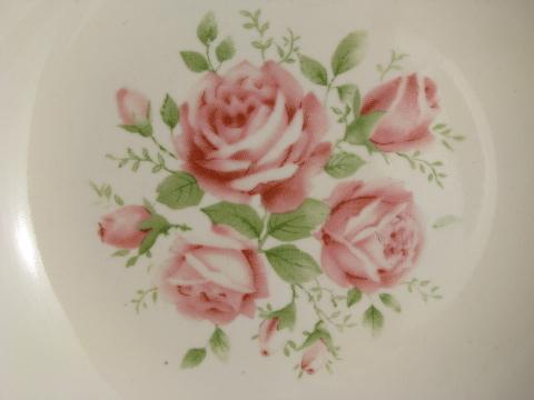 pink roses stencil pattern serving bowl, 1940s - 50s vintage USA pottery