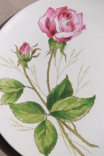 pink tea rose pattern plates, mid-century vintage Knowles china, retro pottery dinnerware