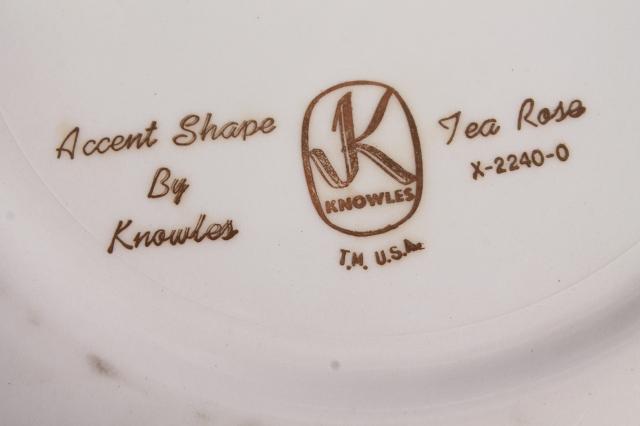 pink tea rose pattern plates, mid-century vintage Knowles china, retro pottery dinnerware