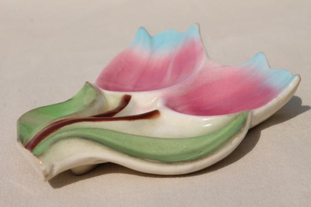 pink tulips vintage ceramic spoon rest, 1950s vintage kitchen ware, USA pottery