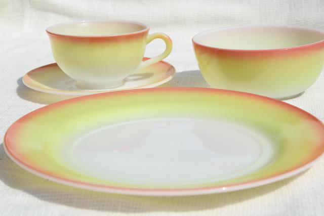 pink / yellow milk glass dishes, vintage Hazel Atlas Sunrise plates, bowls, cups & saucers
