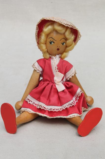 pinocchio style jointed wood doll to stand & pose, vintage hand painted puppet toy w/ cloth dress