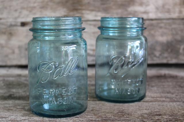 pint size antique vintage Ball Perfect Mason aqua blue glass canning jars