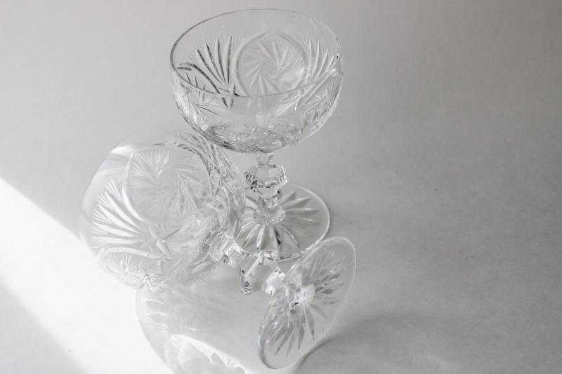 pinwheel cut crystal coupe champagne glasses, vintage Czech Bohemian crystal stemware