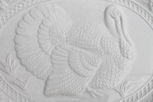 plain white Thanksgiving turkey platter w/ embossed turkey antique creamware style