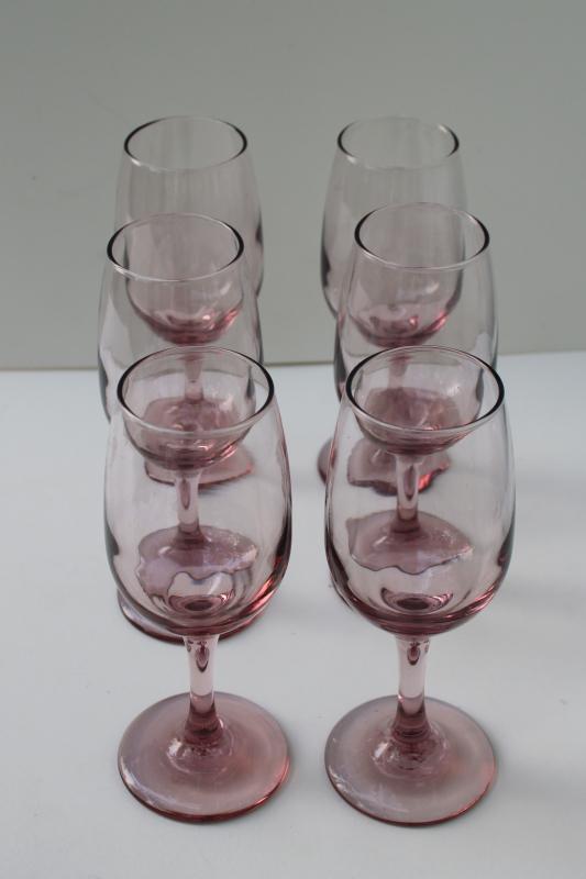 plum lavender pink colored glass wine glasses, Libbey premiere pattern