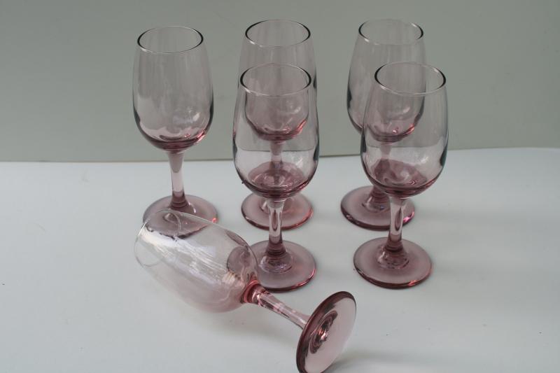 plum lavender pink colored glass wine glasses, Libbey premiere pattern