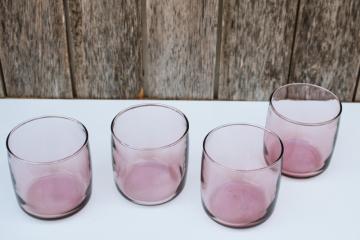 plum pink smoky lavender glass lowballs drinking glasses, vintage Anchor Hocking glassware
