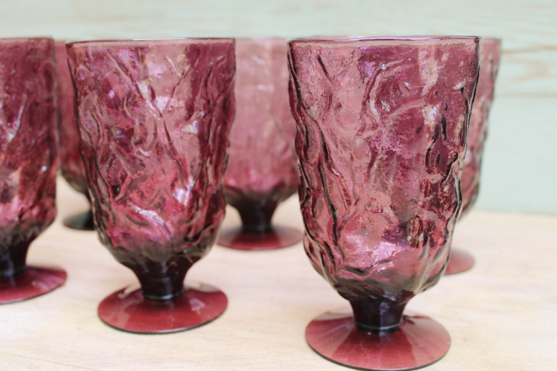 plum purple glass mod vintage drinking glasses set, driftwood crinkle texture tumblers