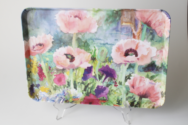 poppies watercolor garden flowers print, 90s vintage melamine tray made in Italy