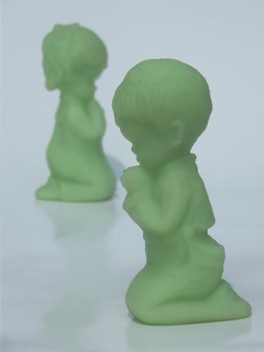 praying children boy & girl, vintage lime green satin frosted glass