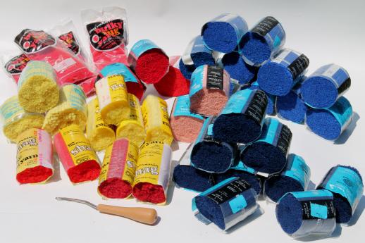 pre-cut latch hook rug yarn lot, red, blue, yellow wool & acrylic yarn rug making supplies