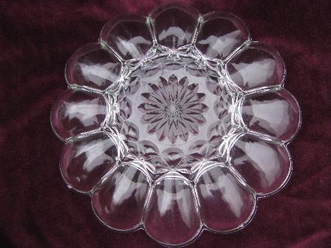 pressed glass egg plate, divided serving piece for deviled eggs