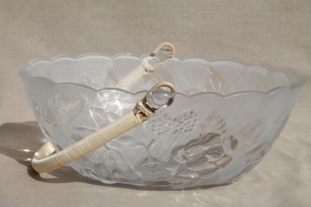 pressed glass fruit basket bowl, vintage Japan Laura glass label