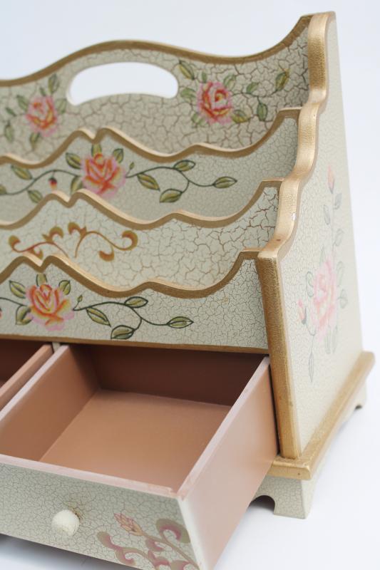 pretty painted wood desk box letter holder stationary caddy, cottage core style vintage 