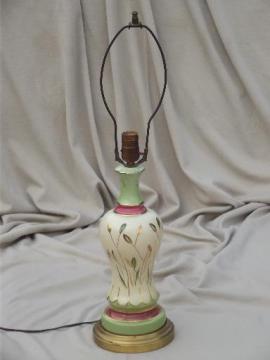 pretty pink & green painted china boudoir lamp, shabby cottage chic vintage