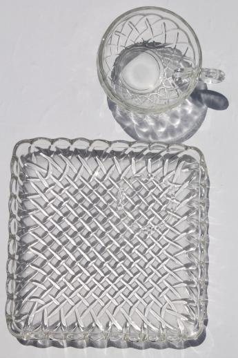 pretzel pattern glass snack sets, square plates & tea cups, vintage pressed glass luncheon set