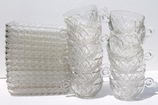 pretzel pattern glass snack sets, square plates & tea cups, vintage pressed glass luncheon set