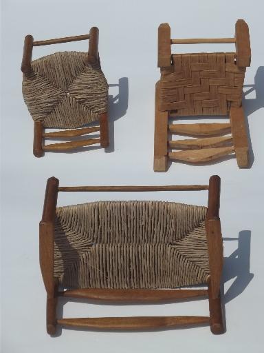 prim country shaker chairs for dolls or bears, old wood toy chair set