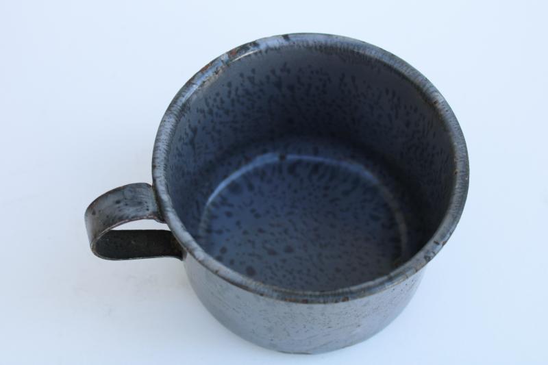 primitive antique enamelware cup or mug, early 1900s vintage grey spatter graniteware