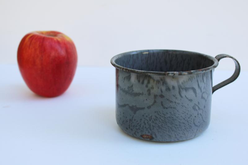 primitive antique enamelware cup or mug, early 1900s vintage grey spatter graniteware