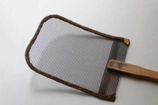 primitive antique fly swatter, window screen wire w/ wood handle candy store funeral furniture