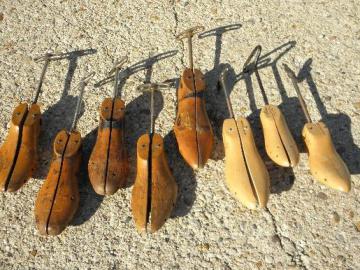 primitive antique wood foot form adjustable iron shoe stretchers lot