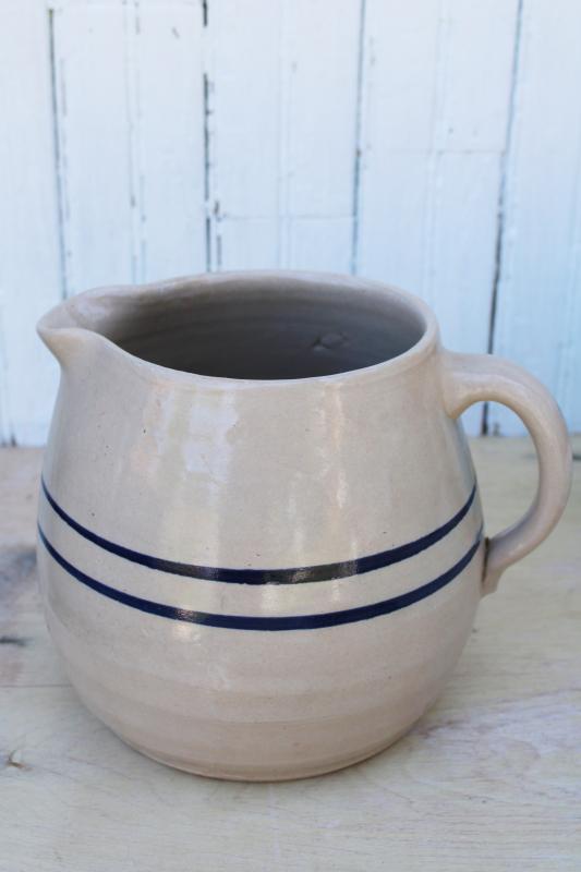 primitive blue band stoneware pitcher, fat jug shape early 1900s Red Wing pottery