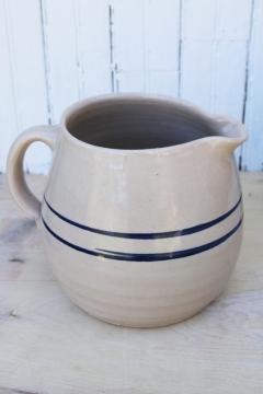 primitive blue band stoneware pitcher, fat jug shape early 1900s Red Wing pottery