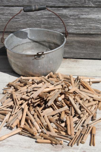 primitive bucket clothespins, 200+ vintage wood clothespins in old jelly kettle