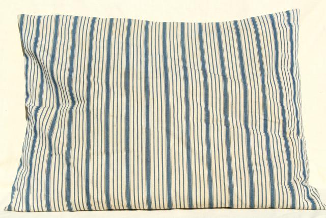 primitive country farmhouse vintage feather pillow, old indigo blue striped cotton ticking