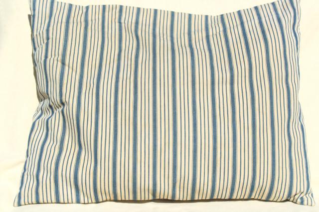 primitive country farmhouse vintage feather pillow, old indigo blue striped cotton ticking