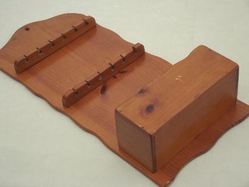 primitive country pine wall box spoon holder, vintage wood spoon rack 