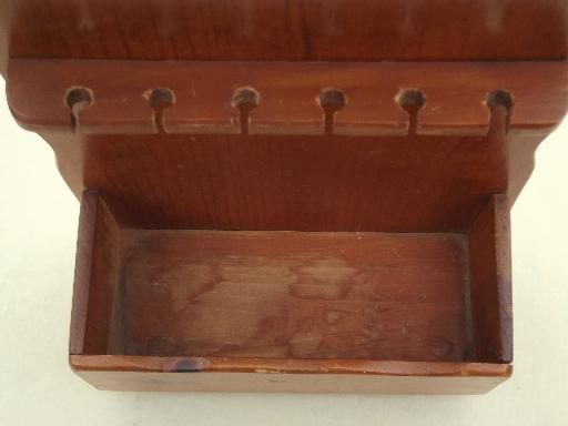 primitive country pine wall box spoon holder, vintage wood spoon rack 