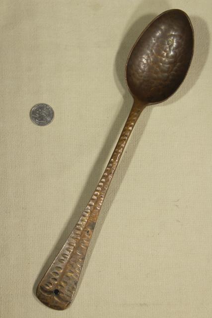 primitive forged & wrought copper long handled spoon w/ hand hammered texture