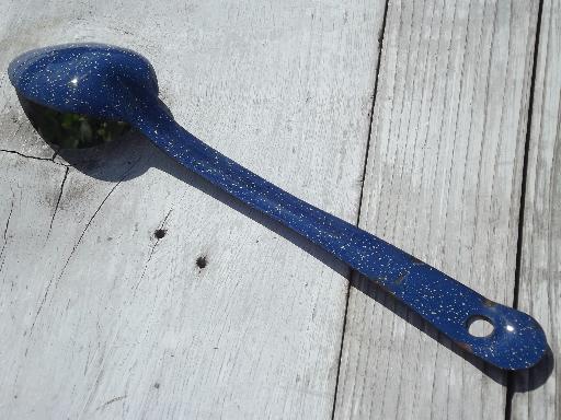 primitive graniteware spatter enamel ware kitchen utensils, spoon and ladles