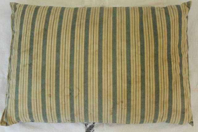 primitive grubby vintage cotton ticking feather pillows, old indigo blue striped cotton
