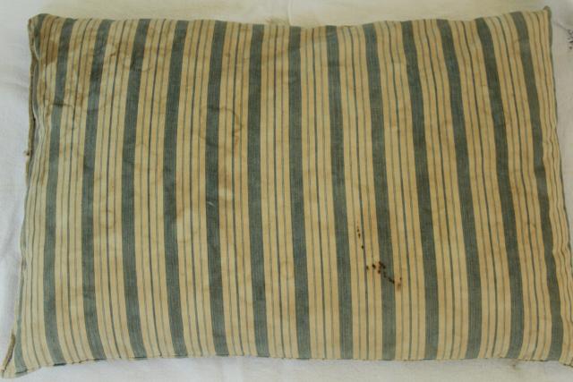 primitive grubby vintage cotton ticking feather pillows, old indigo blue striped cotton