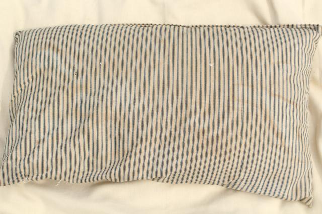 primitive grubby vintage cotton ticking pillows, feather filled bed pillows