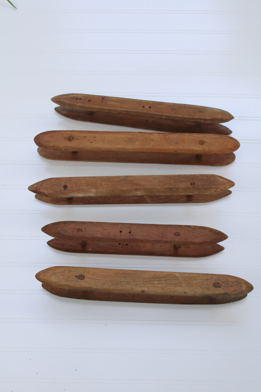primitive handmade wood shuttles for weaving loom or making rugs, rag or yarn winder spools