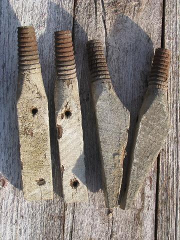primitive harness or coat hooks, old barn board wood pegs w/ antique glass insulators